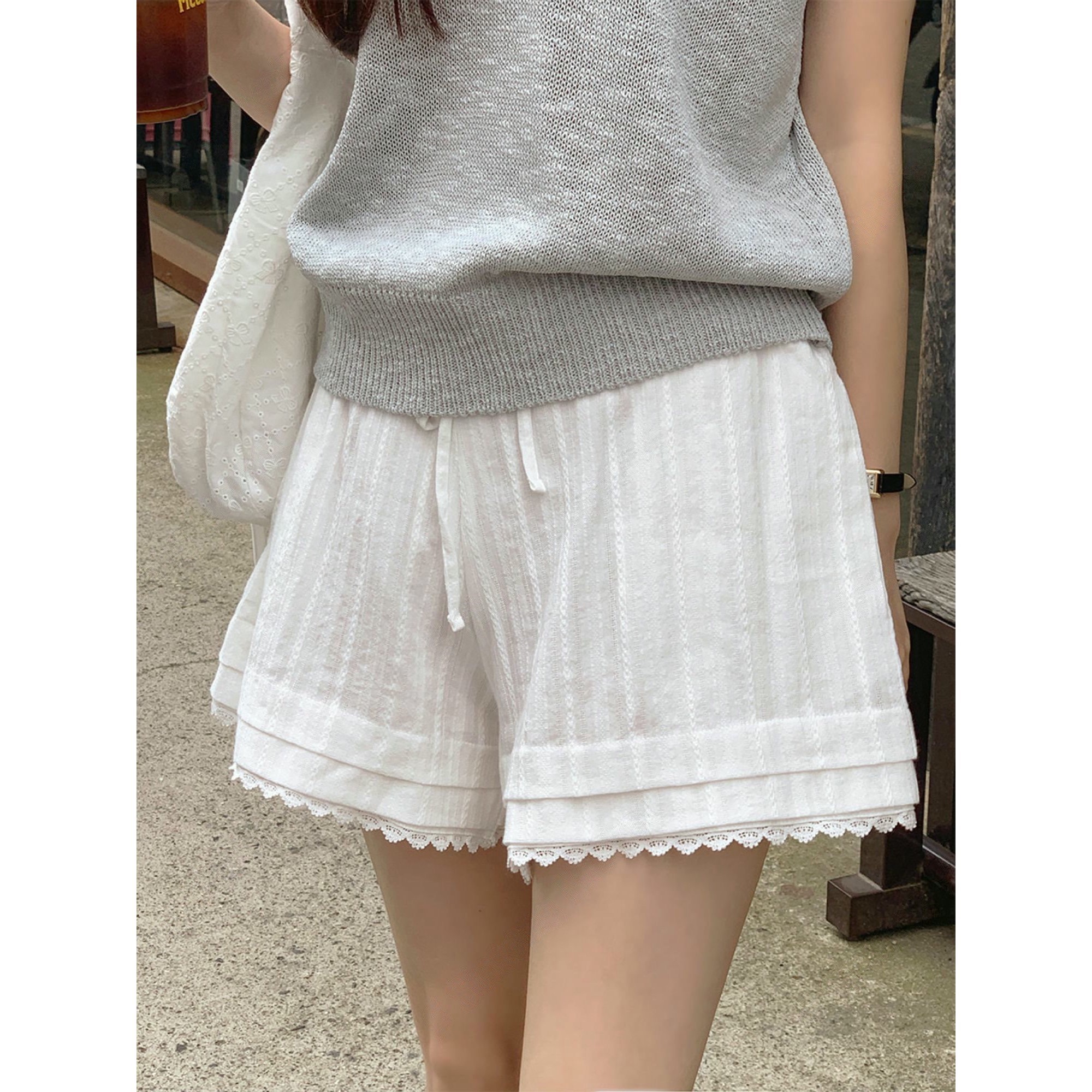 包邮 首尔印象韩代 少女风松紧系带叠层花边休闲短裤25夏季新款