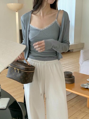 whynot  26ss东大门长袖休闲条纹吊带两件套时尚套装韩版春季女装