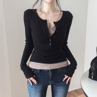 包邮 长袖 首尔印象韩代 纯欲风半纽扣圆领修身 T恤女早春新款 26ss