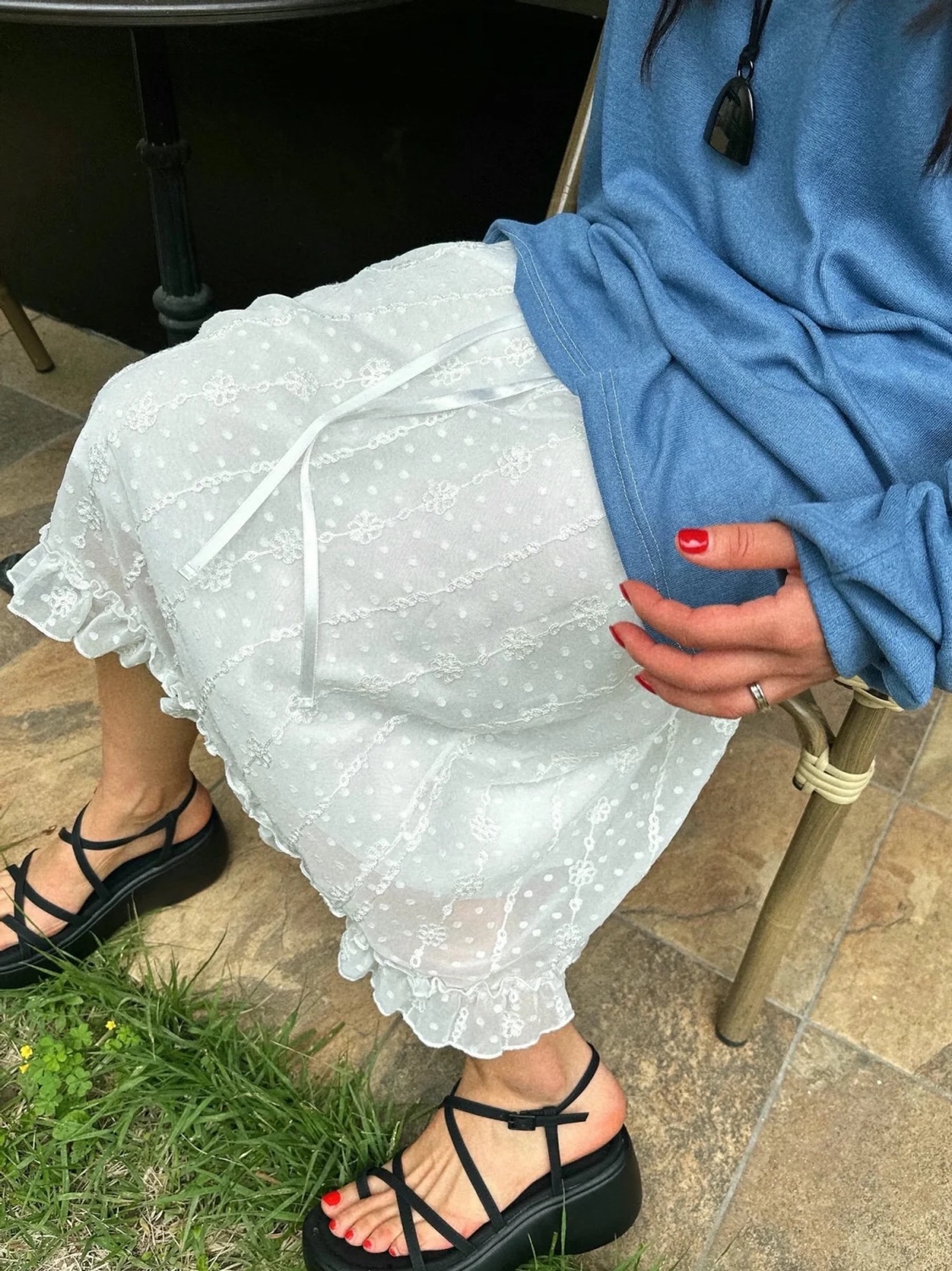 直邮 首尔印象 25夏季新款 appear重工刺绣花纹木耳边中长半身裙