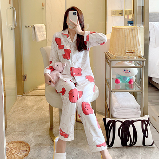 月子套装 秋季 睡衣女春秋加肥加大码 长袖 女士家居服 纯棉质纽扣开衫