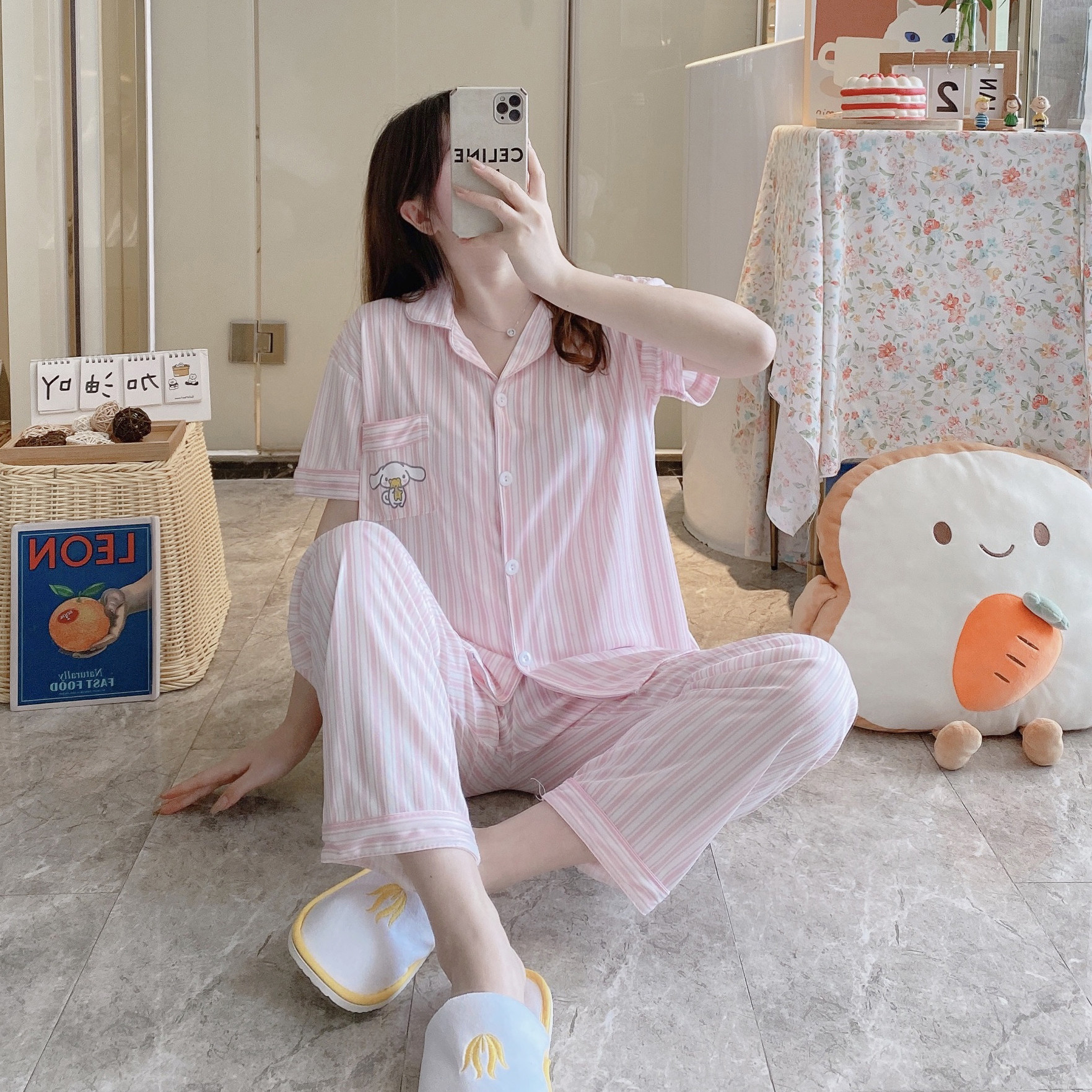 女生睡衣纯棉开衫短袖条纹家居服