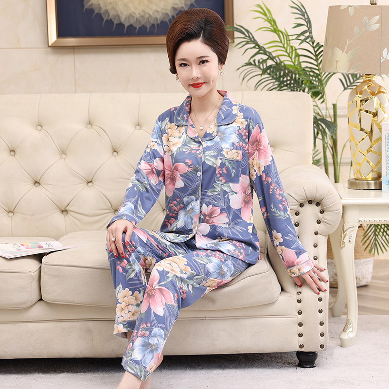 中老年睡衣女开衫春秋季纯棉质长睡衣/家居服套装