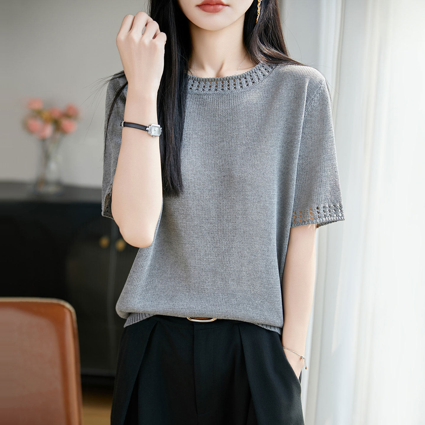 圆领桑蚕丝短袖上衣T恤女