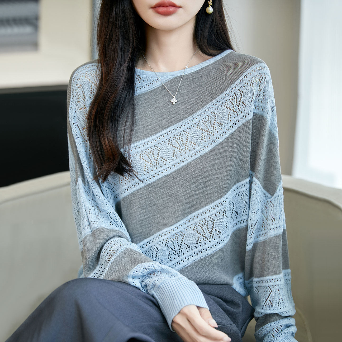 一字领针织女士毛衣打底衫
