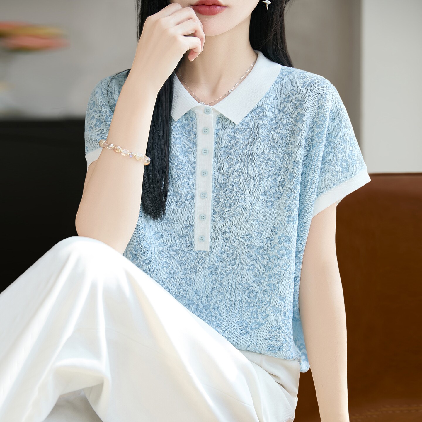2026新款翻领提花针织短袖t恤女夏季薄款冰丝针织衫大码女装上衣