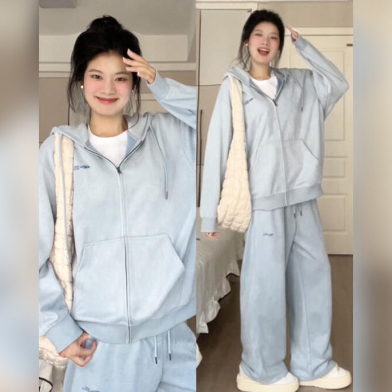 蓝色运动套装女春秋季宽松连帽卫衣春装搭配一整套休闲时尚两件套