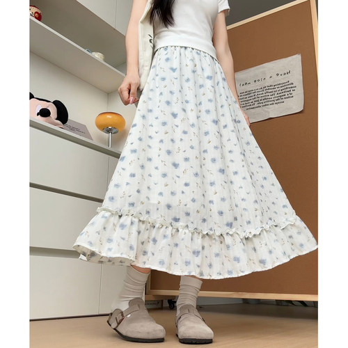 奶兔星球-自制 亚麻感小碎花多层次长款蛋糕裙女印花a字半身裙