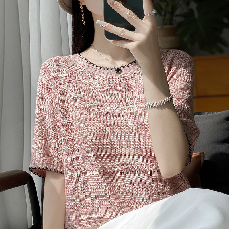 拉夏贝尔时尚提花短袖t恤女夏季打底衫洋气大码女装冰丝针织上衣