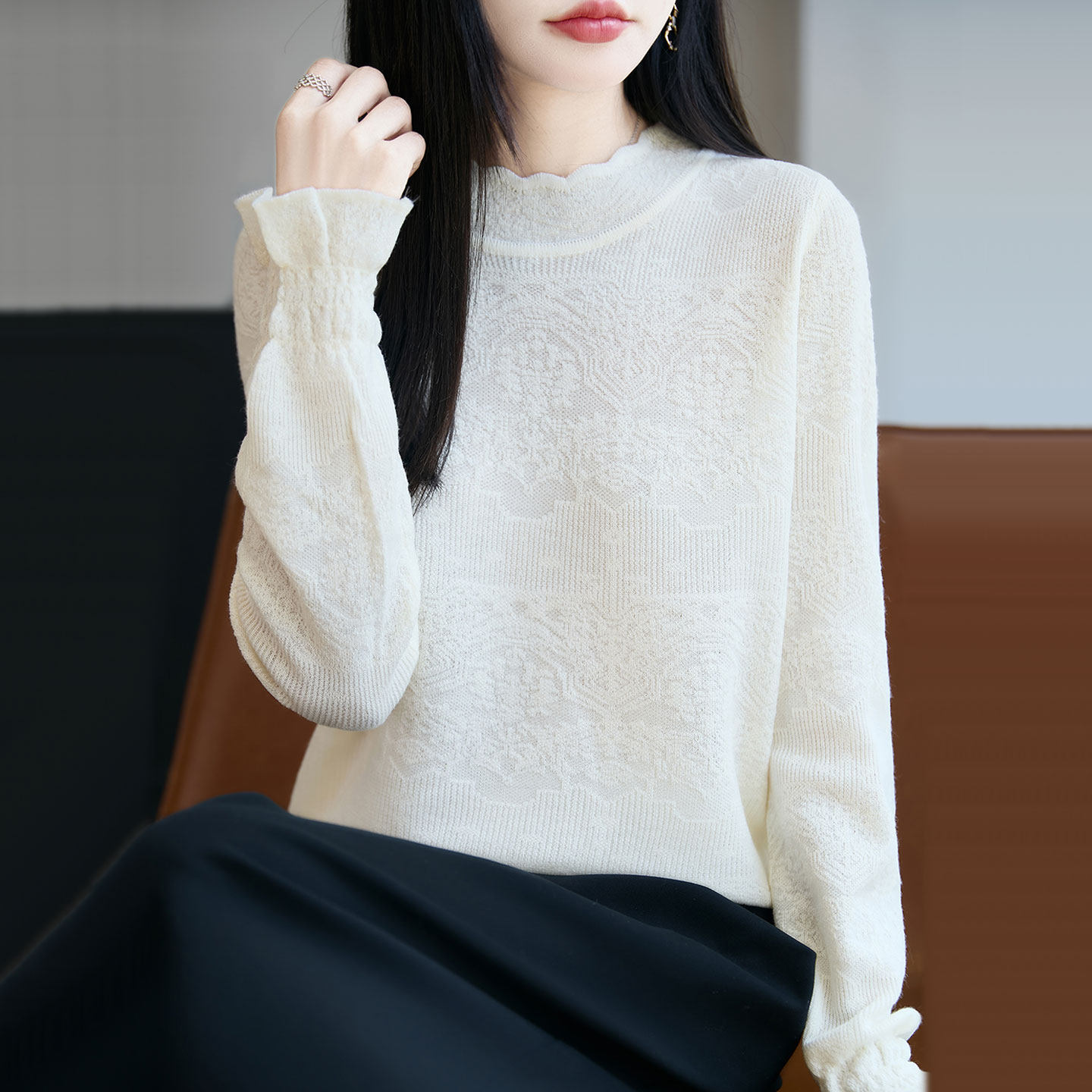 秋季新款花边半高领羊毛衫女士毛衣纯色薄款时尚提花洋气打底上衣