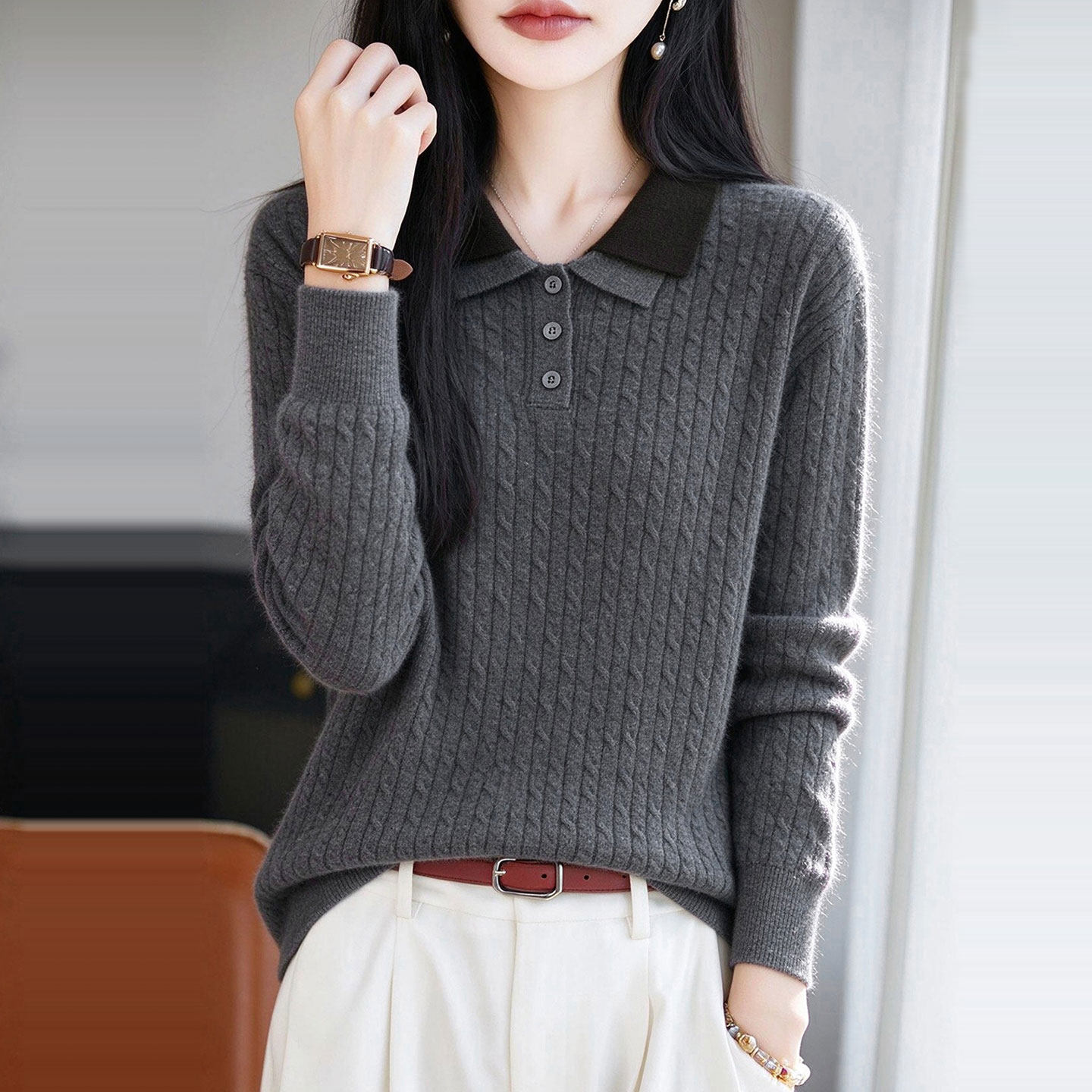 翻领针织女士毛衣打底衫