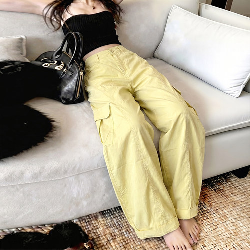 美式复古黄色弯刀工装裤女2026夏季薄款高腰宽松显瘦休闲阔腿裤子