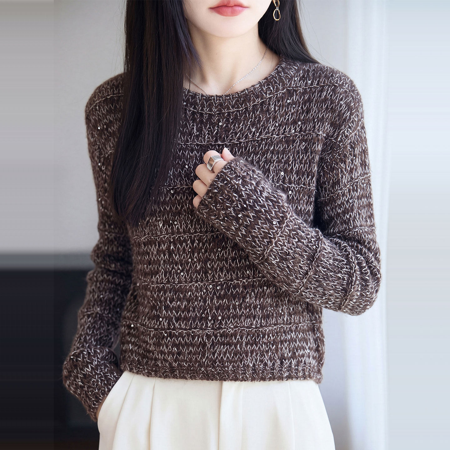 圆领针织衫女士打底毛衣