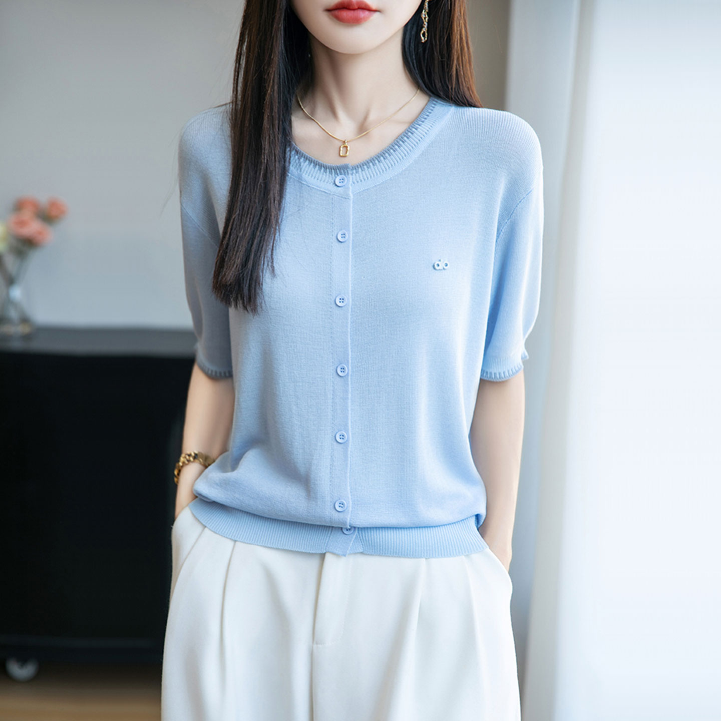 拼色圆领莱赛尔天丝针织短袖开衫女刺绣五分袖T恤宽松半袖打底衫