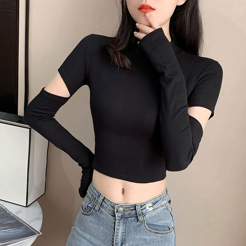 针织黑色半高领打底衫女春秋内搭露脐上衣紧身短款设计感长袖t恤