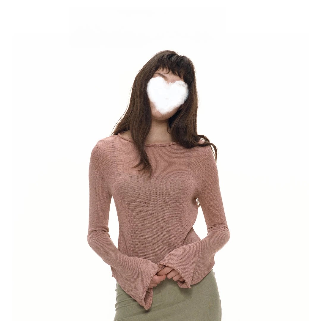 韩系简约风喇叭袖针织衫长袖T恤女早秋气质百搭显瘦毛织卷边上衣