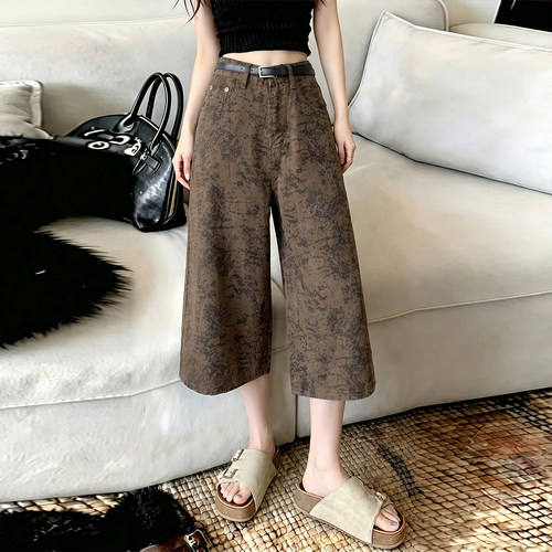 美式复古咖色提花七分阔腿裤女2026夏季薄款高腰宽松直筒裤慵懒感