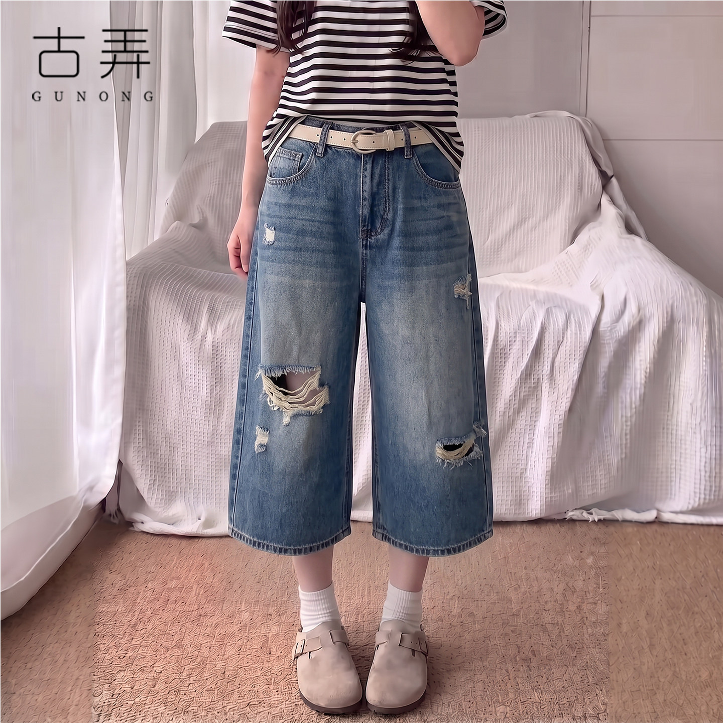 美式复古破洞牛仔七分裤女2026夏季新款高腰宽松直筒显瘦阔腿裤子