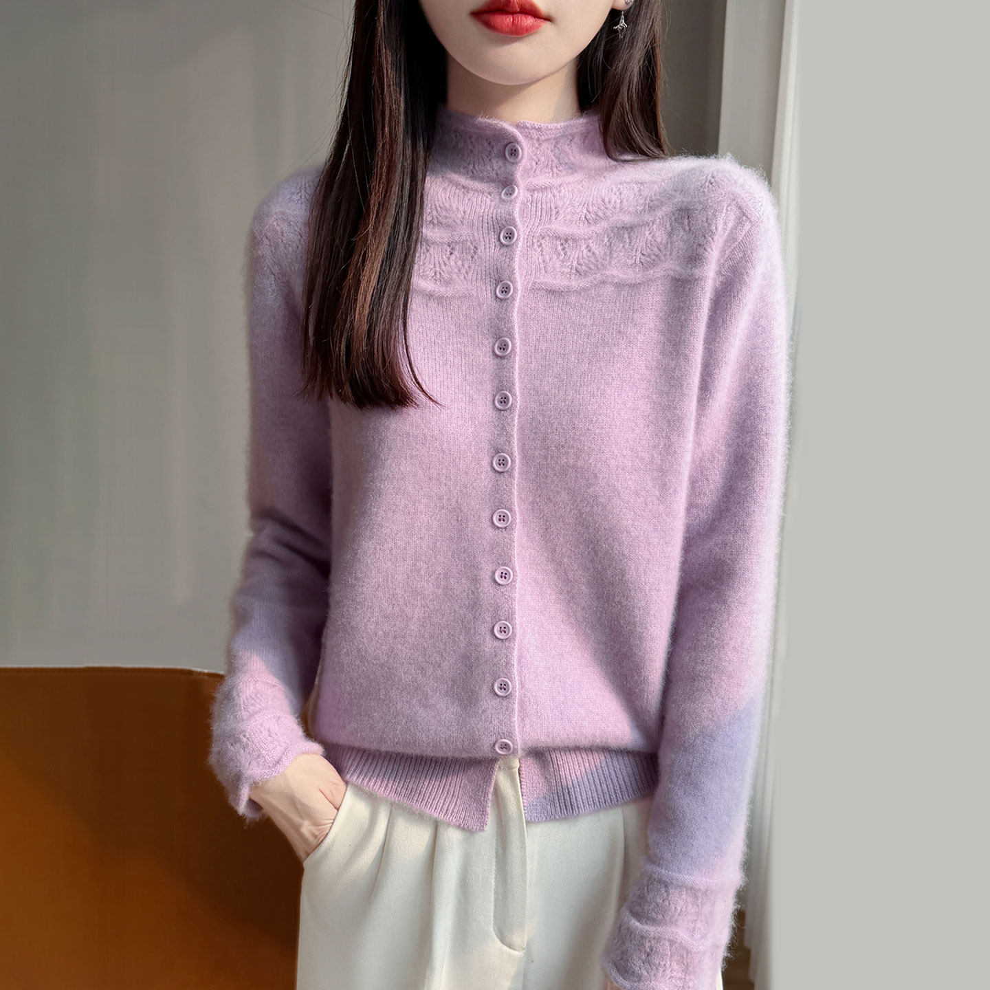 半高领羊毛针织开衫外套女