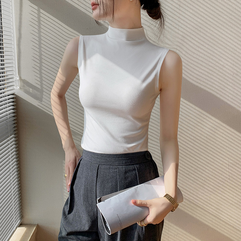 拉夏贝尔白色无袖半高领背心女吊带秋冬内搭修身打底衫上衣春外穿