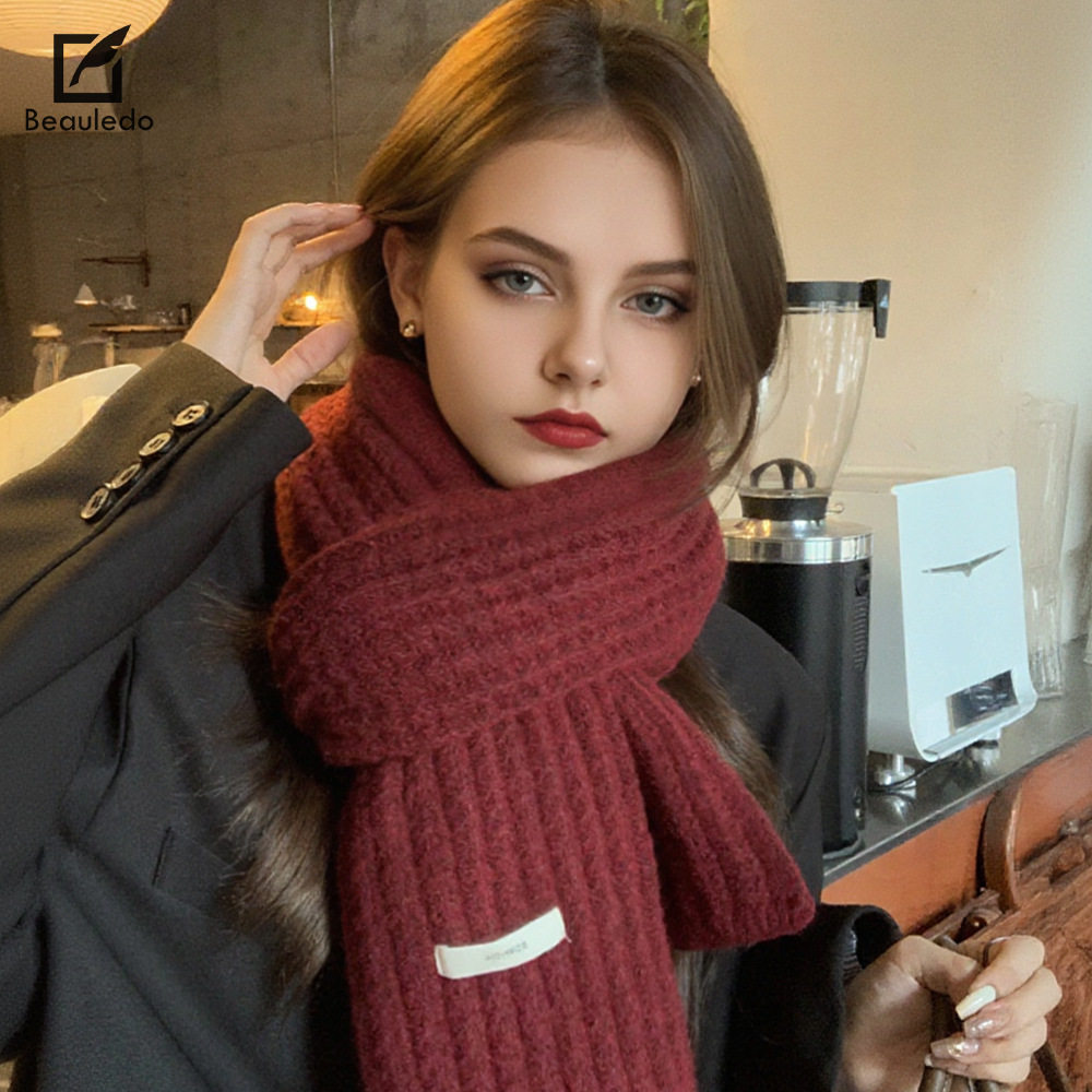 韩版纯色百搭针织红色毛线围巾男女秋冬季感新年礼物情侣围巾