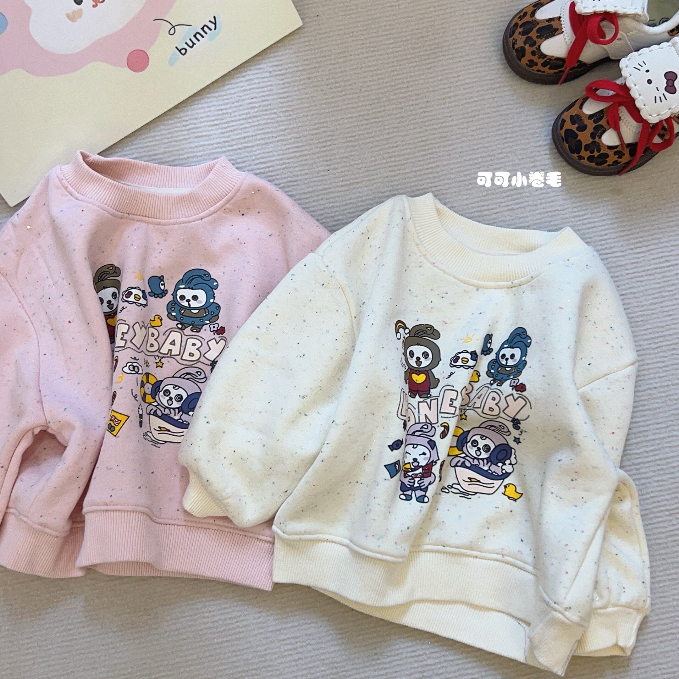 女童秋冬加绒卫衣彩点白色粉色可爱卡通兔子儿童纯棉卫衣洋气百搭