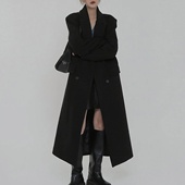 正肩呢子大衣 加棉高个子加长款 黑色毛呢外套女夹棉加厚秋冬季 韩版