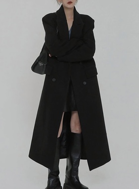 黑色毛呢外套女夹棉加厚秋冬季韩版加棉高个子加长款正肩呢子大衣