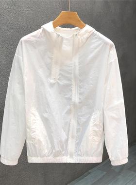 白色连帽冰丝薄款钓鱼防晒服男潮牌防晒衣2023新款夏季男士薄外套