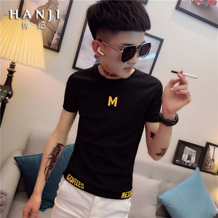 网红短袖t恤男夏季半袖衣服社会精神小伙打底衫刺绣秋冬装体恤衫