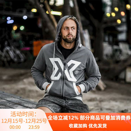 XDEEP 连帽全棉长袖卫衣灰色新款黑色大字母拉链衫秋冬季保暖