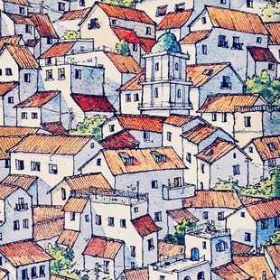 m440水彩建筑手绘临摹素材国外房屋风景建筑房顶屋顶淡彩绘画素材