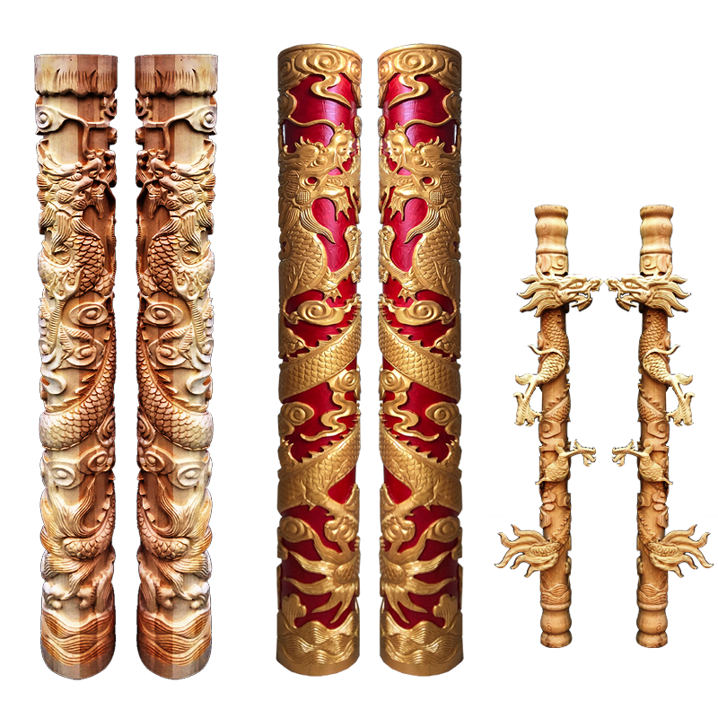 东阳木雕实木中式盘龙柱双龙凤柱寺庙圆木柱风水柱佛龛纯手工定制