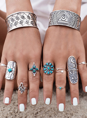 复古银关节指环尾戒腾花朵戒指