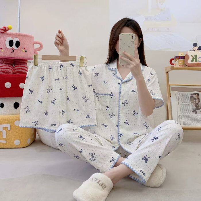 月牙纹云朵棉睡衣家居服女士夏季