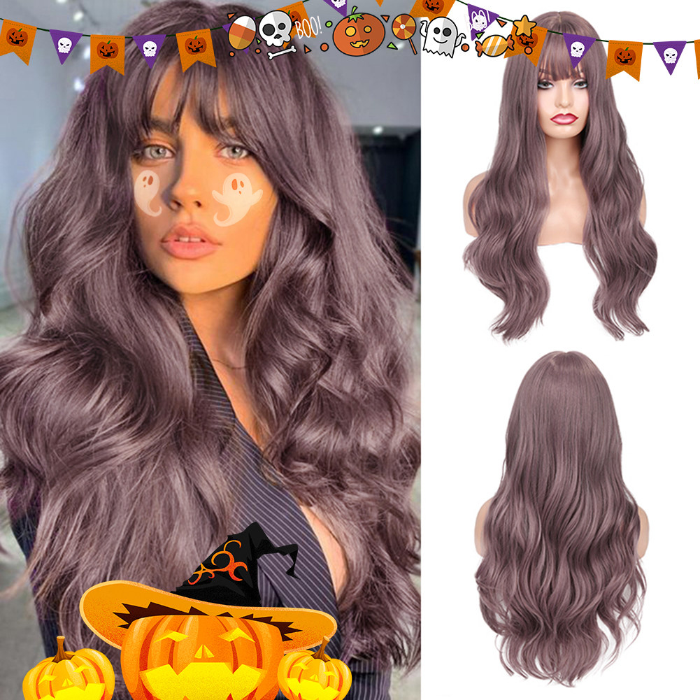 ハロウィン役でロリータウィッグの長い自然波巻きパープルの前髪に耐熱ウィッグ