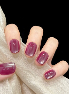 「紫色玻璃珠」渐变猫眼穿戴甲定影短方美甲磨砂酒红色短款