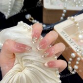 美甲 穿戴甲带钻轻奢设计款 塞纳黄昏 指尖猫眼中长款