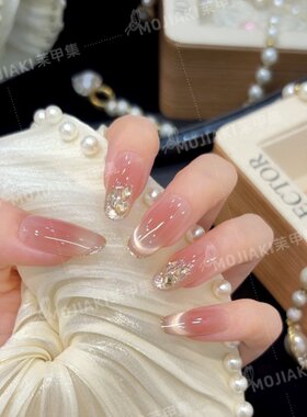 【塞纳黄昏】指尖猫眼中长款穿戴甲带钻轻奢设计款美甲