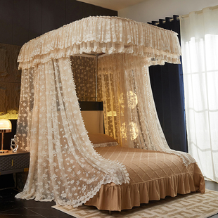 2025新款 蕾丝U型导轨蚊帐家用卧室公主风床幔落地双轨道支架 法式