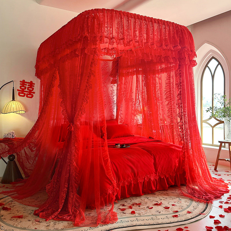 新款U型导轨婚庆大红色双层蚊帐家用双人卧室结婚房喜庆陪嫁床幔