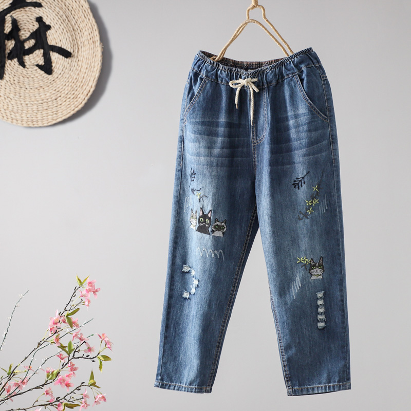 七分裤薄2024夏季松紧腰牛仔裤女