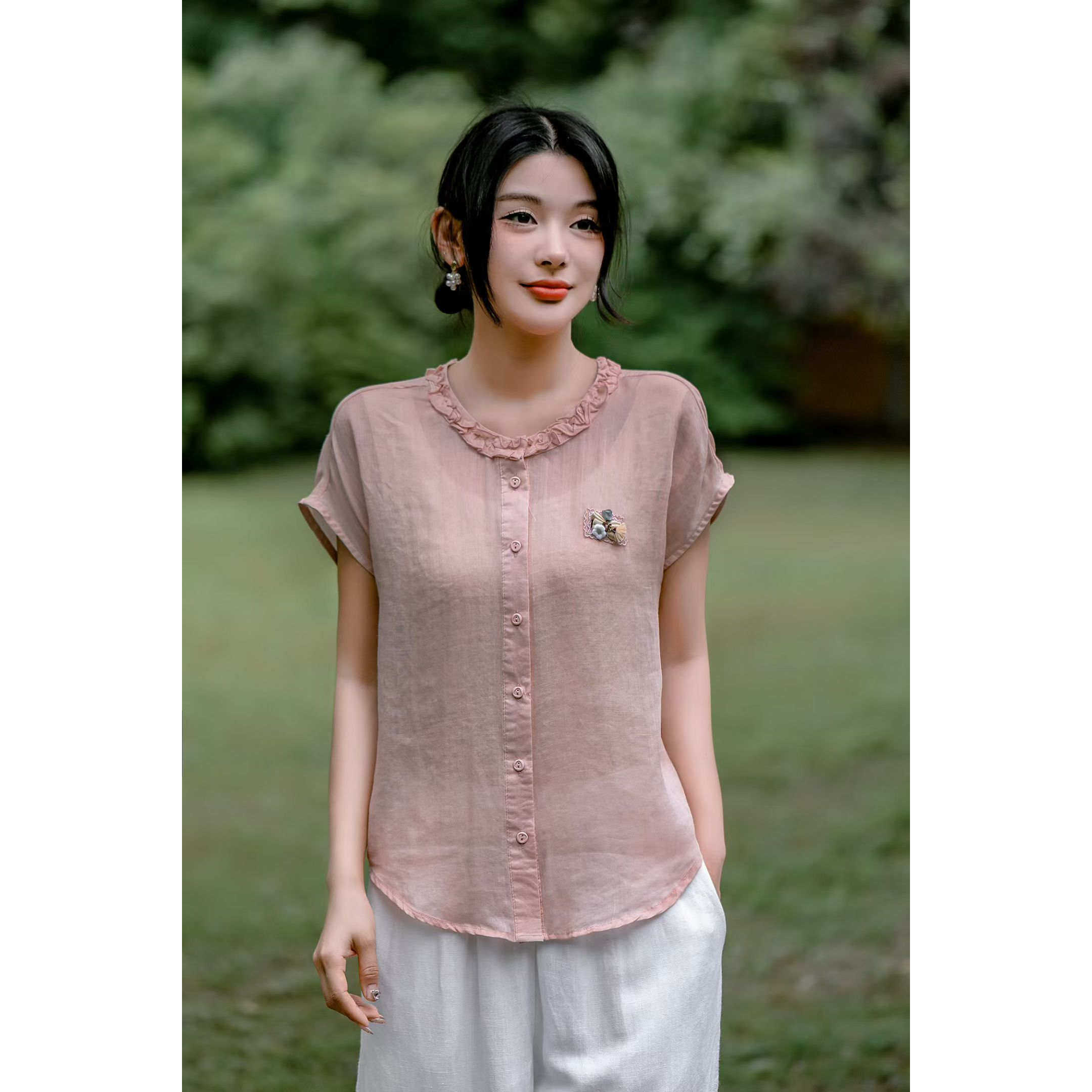 刺绣苎麻短袖衬衫休闲小衫上衣女