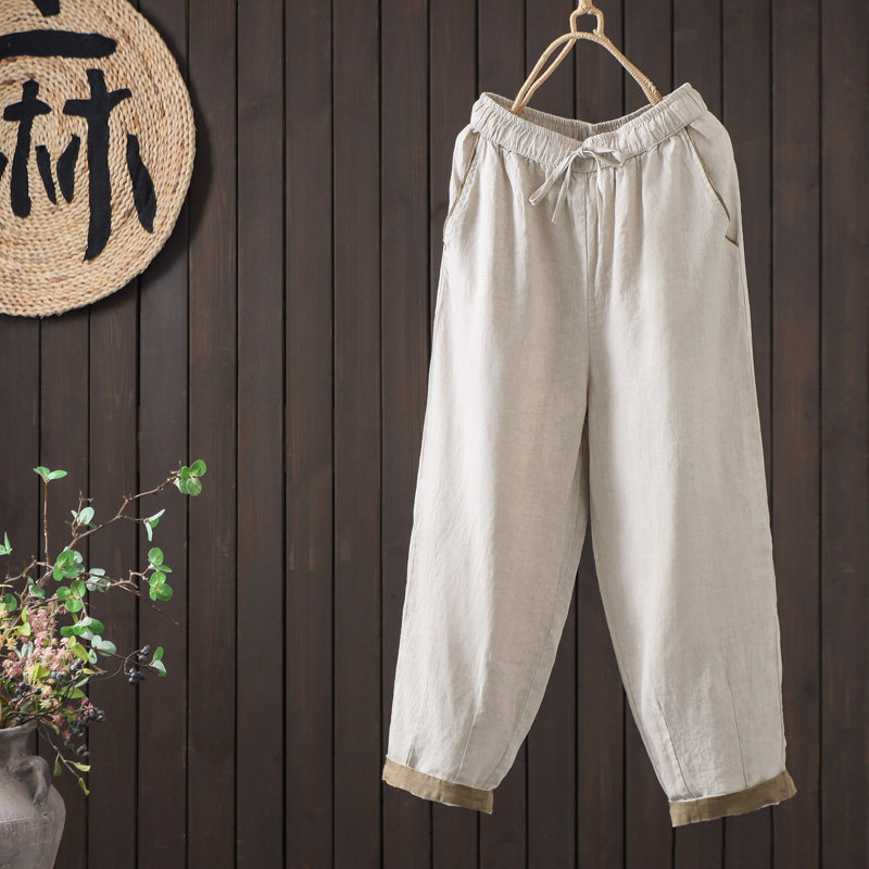 亚麻哈伦裤百搭萝卜裤纯色九分裤