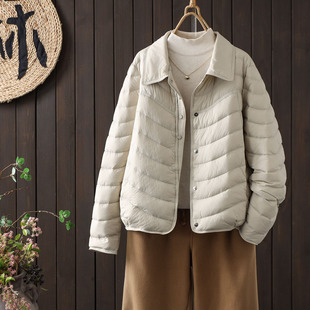 文艺范翻领休闲宽松90白鸭绒轻薄羽绒服女单排扣时尚减龄短款外套