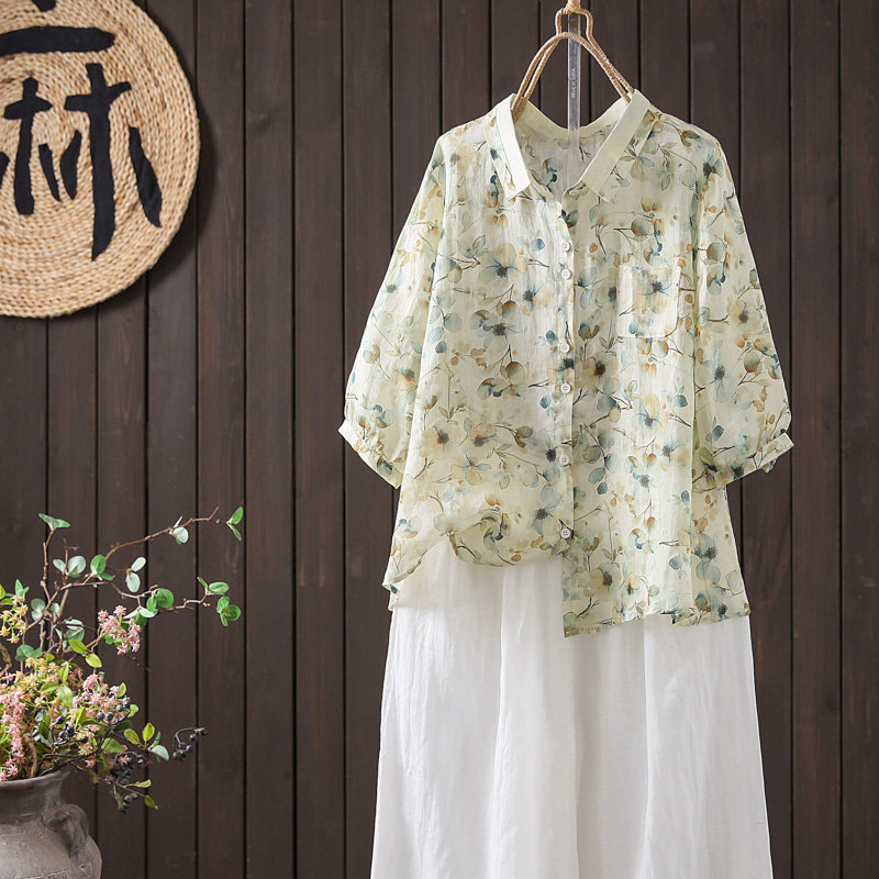 夏季新款复古翻领印花苎麻五分袖衬衫女装单排扣休闲小衫显瘦上衣