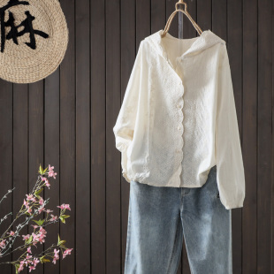 2025春季新款复古提花连帽宽松衬衫女单排扣显瘦纯色棉质显瘦上衣
