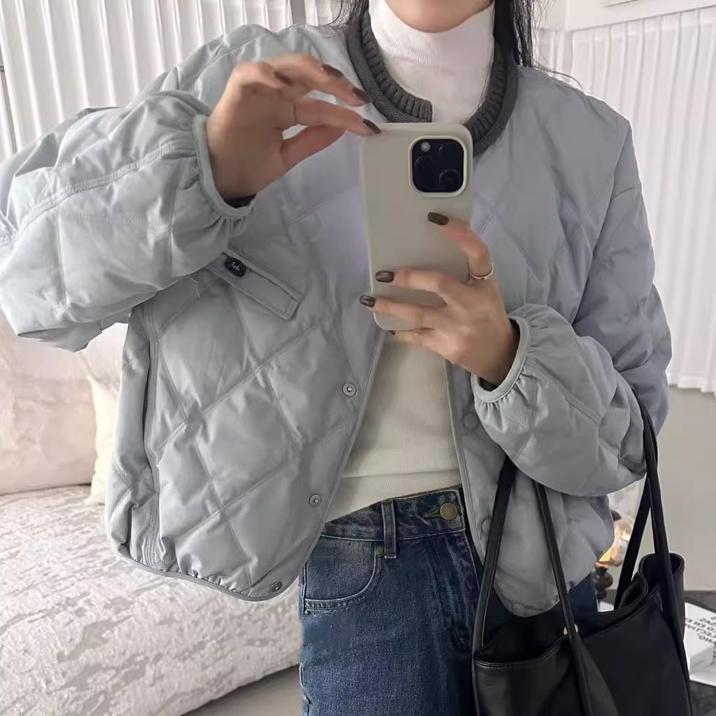 圆领90白鸭绒羽绒服时尚菱格外套