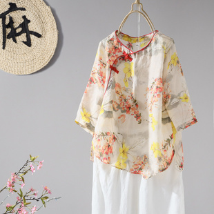 女士上衣 夏季 新款 复古斜襟盘扣印花苎麻T恤衫 宽松碎花茶服七分袖