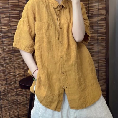 中长款100亚麻衬衫纯色小衫上衣